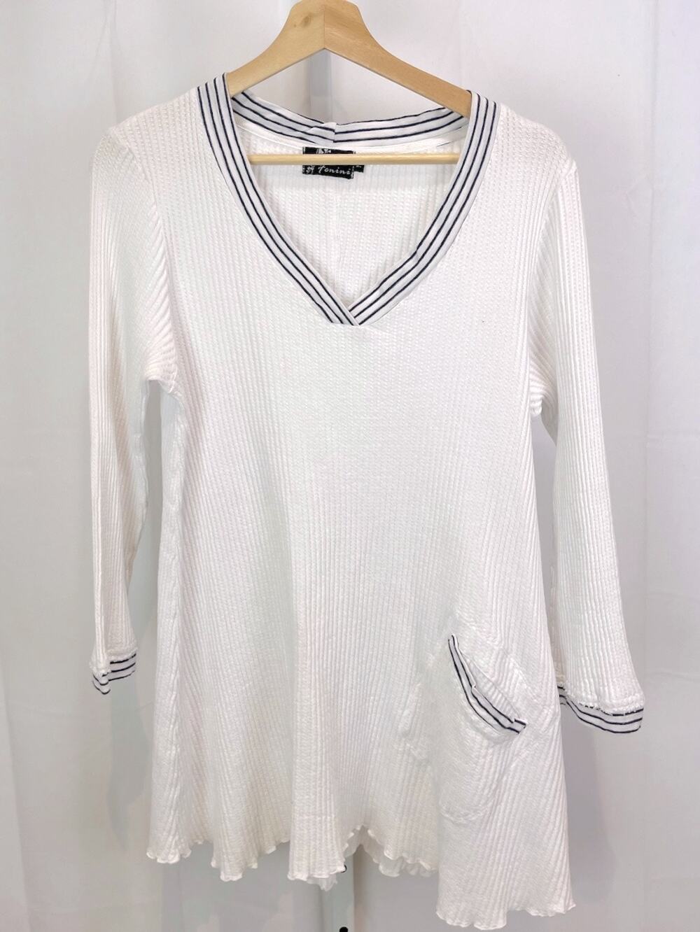 FENINI Size M Thermal Knit V-Neck Top 3/4 Sleeve Cotton Waffle White Navy Blue